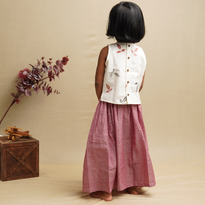 Twirl and Top' - Girls' Leaf Print Crop Top with Long Skirt (3-6 Years)