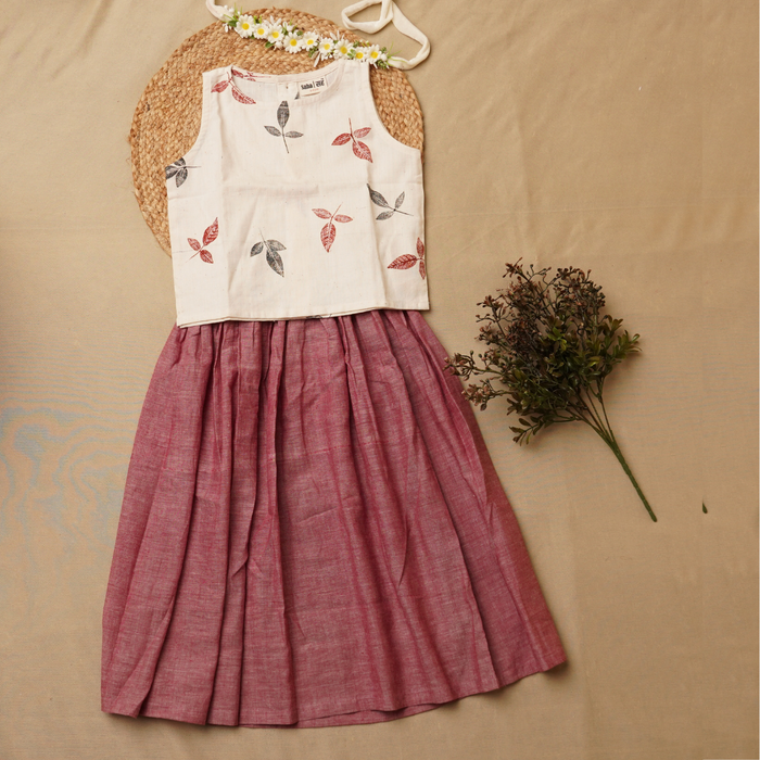 Twirl and Top' - Girls' Leaf Print Crop Top with Long Skirt (3-6 Years)