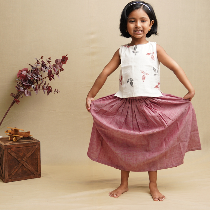 Twirl and Top' - Girls' Leaf Print Crop Top with Long Skirt (3-6 Years)
