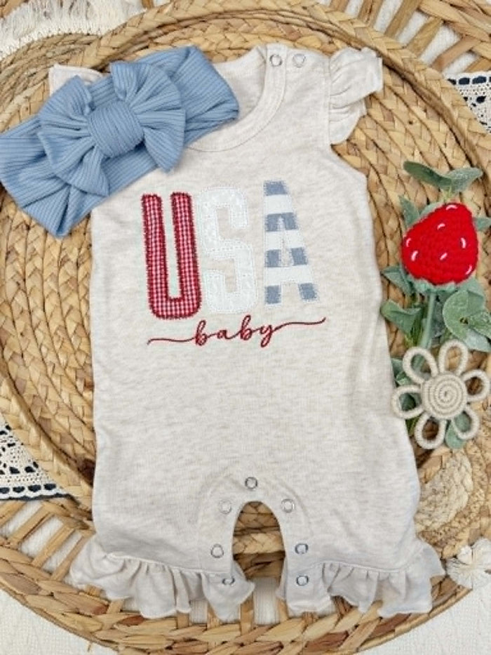 USA Baby Oatmeal Flutter Sleeve Ruffle Romper