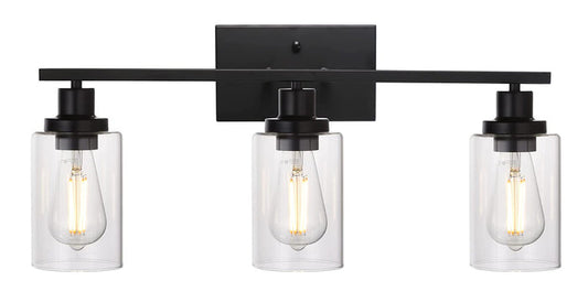 Vanity Light , 3 Light , Clear Glass , With Bulbs , Matte Black