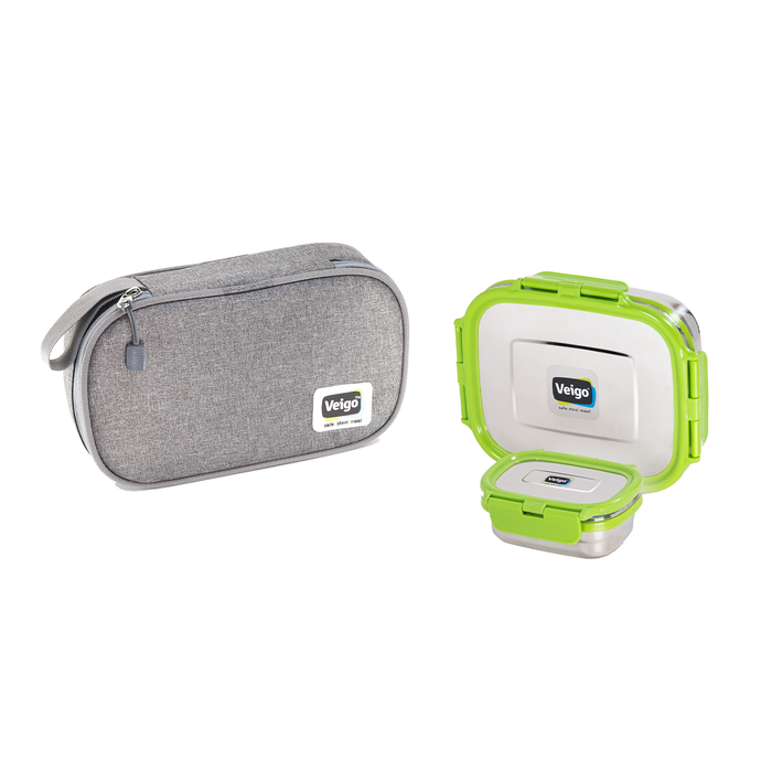 Veigo On The Go - Stainless Steel Large Lunch Box with Veg Box in a Flat Insulated Pouch (All Ages)