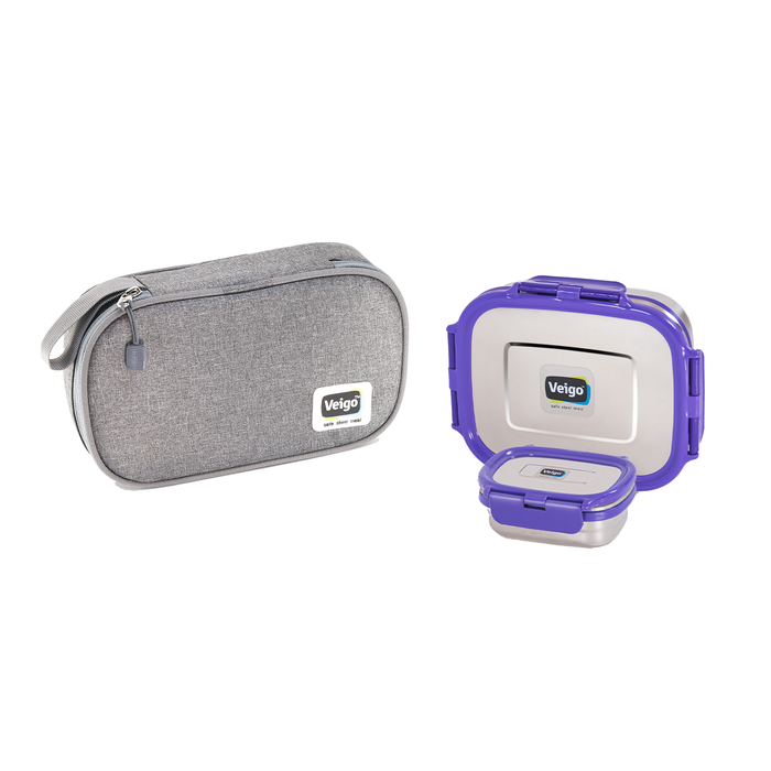 Veigo On The Go - Stainless Steel Large Lunch Box with Veg Box in a Flat Insulated Pouch (All Ages)