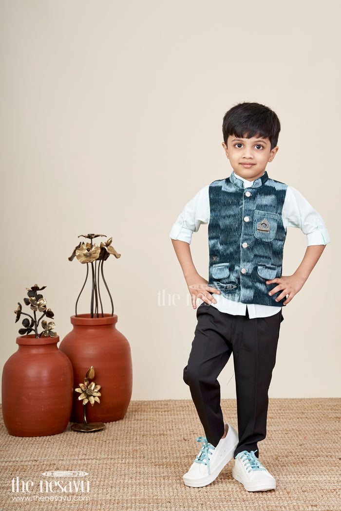 The Nesavu Boys Jacket Sets Velvet jacket set for boys for weddings and festive events Nesavu 16 (1Y) / Blue BES887A-16 Nesavu boys velvet jacket kurta set  royal outfit weddings grand family celebrations