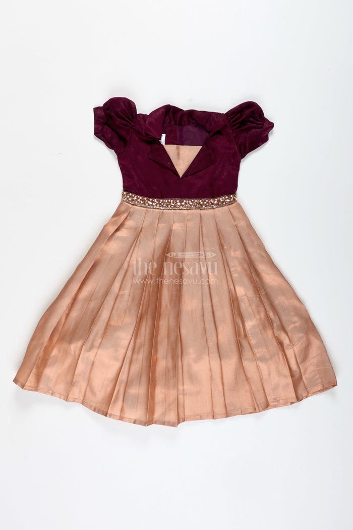 The Nesavu Girls Silk Gown Velvet Party Gown for Girls with Tissue Silk Skirt Wine and Gold Festive Dress Nesavu 18 (2Y) / Maroon GA344A-18 Nesavu Velvet Tissue Silk Gown Girls Festive Party Wear Wine Gold Puff Sleeves