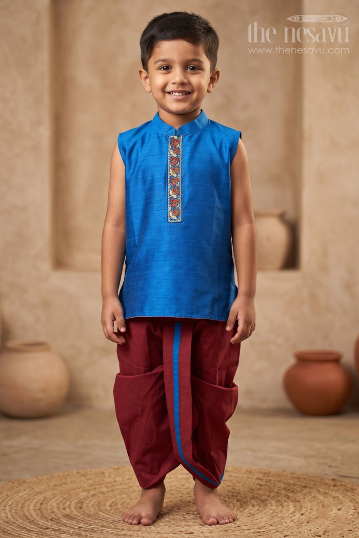 The Nesavu Boys Dothi Set Vibrant Blue Kurta and Maroon Dhoti Set for Boystraditional Panchagajam Collection Nesavu 12 (3M) / Blue / Silk Blend BES476C-12 Boys Vibrant Blue & Maroon Dhoti Set | The Nesavu