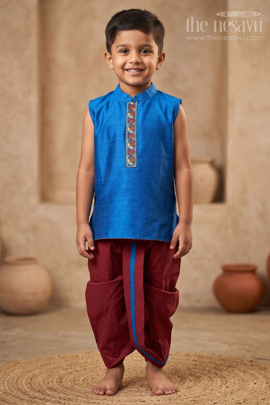 The Nesavu Boys Dothi Set Vibrant Blue Kurta and Maroon Dhoti Set for Boystraditional Panchagajam Collection Nesavu 12 (3M) / Blue / Silk Blend BES476C-12 Boys Vibrant Blue & Maroon Dhoti Set | The Nesavu