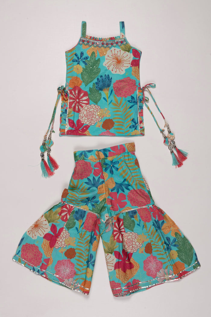 The Nesavu Girls Sharara / Plazo Set Vibrant Floral Printed Tie-Up Shoulder Kurti with Gharara Pant Set for Girls Nesavu 16 (1Y) / Green GPS273A-16 Girls Floral Tie-Up Kurti & Gharara Set | Colorful & Festive Outfit | The Nesavu