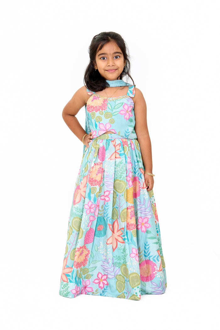 The Nesavu Girls Lehenga Choli Vibrant Lehenga Design Lehenga for Girls in Floral Muslin Silk Nesavu 16 (1Y) / Multicolor GL549A-16 Nesavu Floral Lehenga Design Lehenga Girls Muslin Silk Festive Celebrations