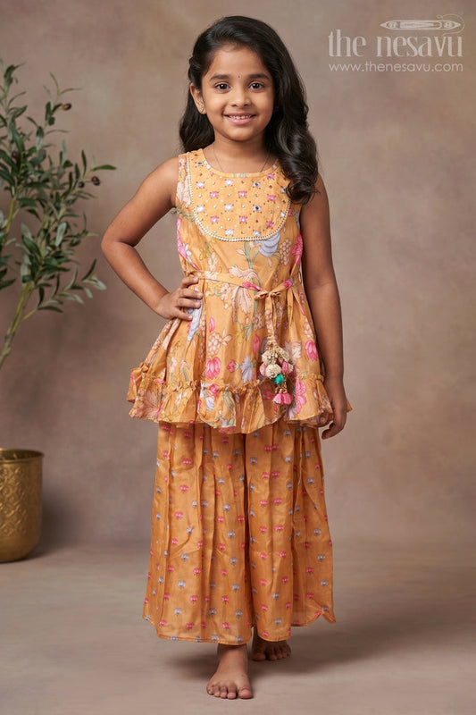 The Nesavu Girls Sharara / Plazo Set Vibrant Orange Floral Flared Kurti & Pleated Palazzo: Sun-Kissed Elegance for Girls- Designer Dress for Traditional Festives Nesavu 16 (1Y) / Orange / Muslin Silk GPS209B-16 Comfortable Kurti with Palazzo for Kids | The Nesavu