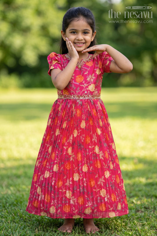 The Nesavu Girls Party Gown Vibrant Red and Orange Floral Girls Chinon Silk Gown with Puff Sleeves for Cocktail Parties Nesavu 24 (5Y) / Red GA242C-24 Nesavu Red Orange Floral Silk Gown Puff Sleeves Girls Cocktail Parties