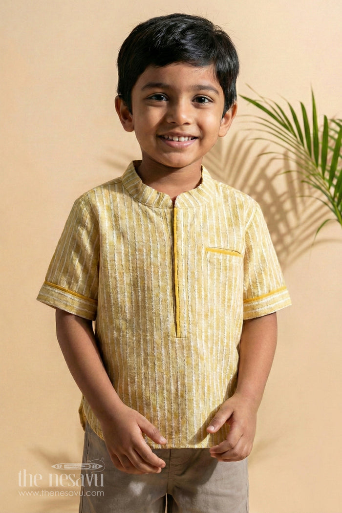 The Nesavu Boys Kurtha Shirt Vibrant Yellow Striped Boys Kurta Shirtideal for Casual and Festive Wear Nesavu 16 (1Y) / Yellow / Linen BS138B-16 Vibrant Yellow Striped Boys Kurta Shirt | The Nesavu