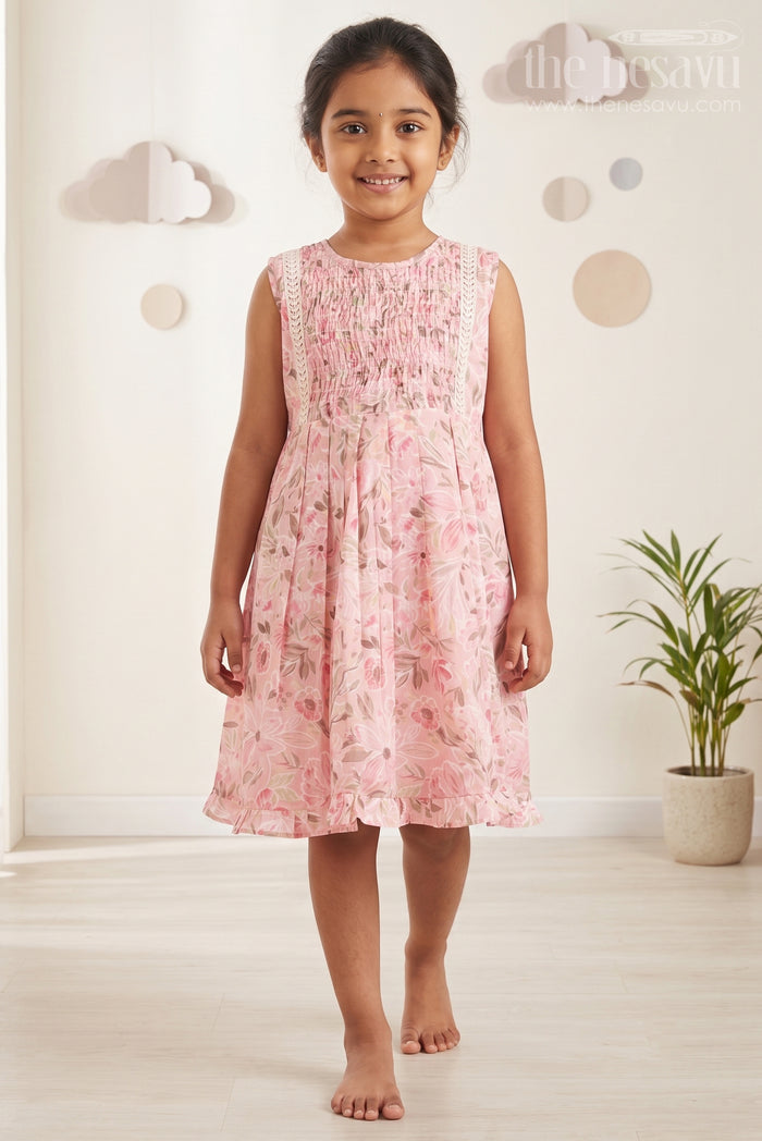 The Nesavu Girls Cotton Frock Vintage Floral Chanderi Frock for Girls: Romantic Pink with Lace Detailing Nesavu 16 (1Y) / Pink GFC1228A-16 Romantic Pink Floral Chanderi Frock | The Nesavu