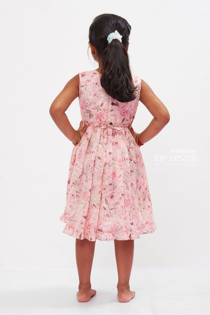The Nesavu Girls Cotton Frock Vintage Floral Chanderi Frock for Girls: Romantic Pink with Lace Detailing Nesavu Romantic Pink Floral Chanderi Frock | Girls' Vintage Lace Dress | The Nesavu