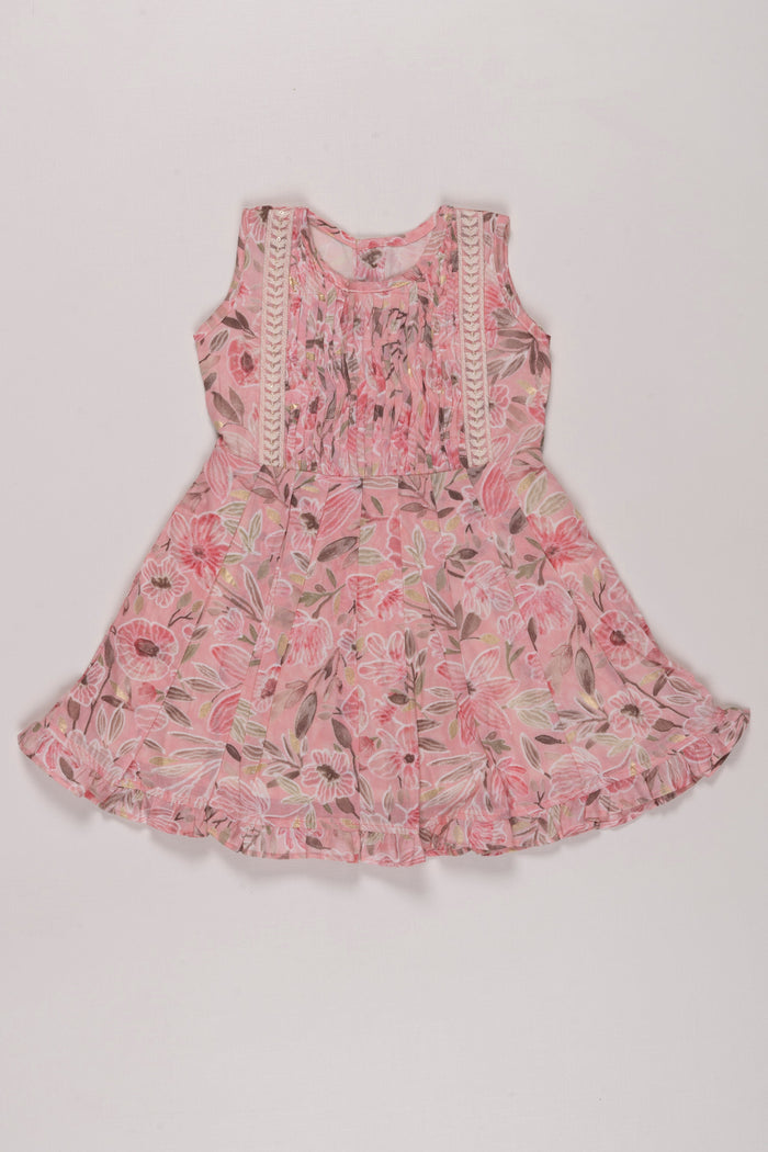 The Nesavu Girls Cotton Frock Vintage Floral Chanderi Frock for Girls: Romantic Pink with Lace Detailing Nesavu 16 (1Y) / Pink GFC1228A-16 Romantic Pink Floral Chanderi Frock | Girls' Vintage Lace Dress | The Nesavu