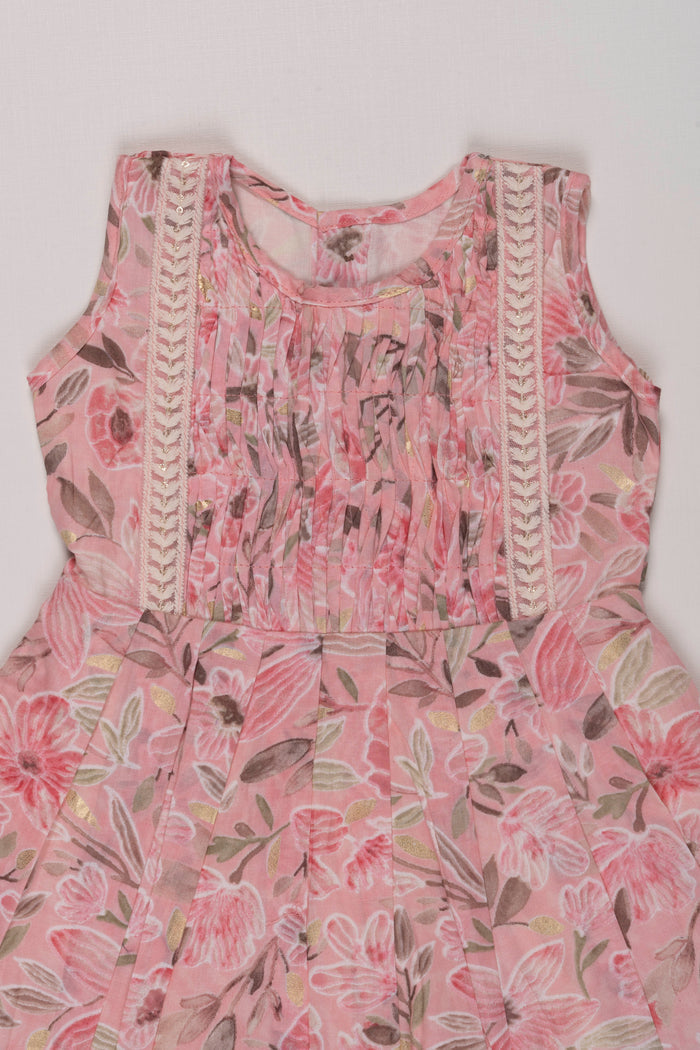 The Nesavu Girls Cotton Frock Vintage Floral Chanderi Frock for Girls: Romantic Pink with Lace Detailing Nesavu Romantic Pink Floral Chanderi Frock | Girls' Vintage Lace Dress | The Nesavu