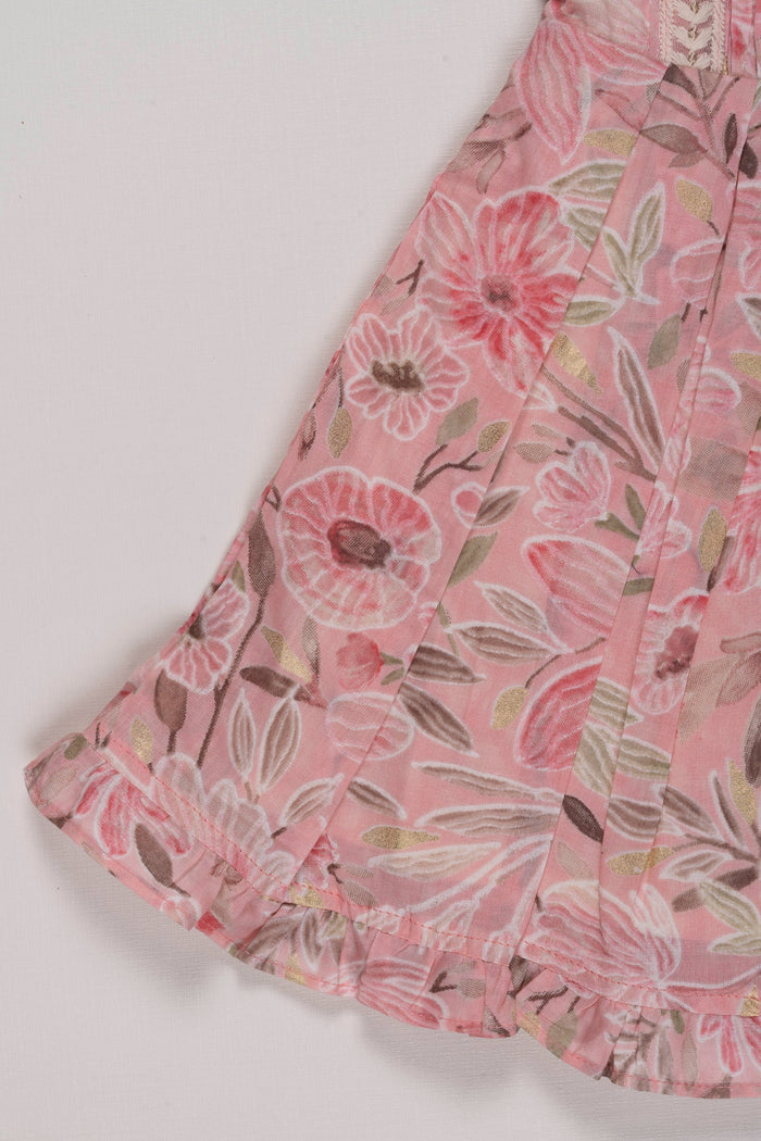 The Nesavu Girls Cotton Frock Vintage Floral Chanderi Frock for Girls: Romantic Pink with Lace Detailing Nesavu Romantic Pink Floral Chanderi Frock | Girls' Vintage Lace Dress | The Nesavu