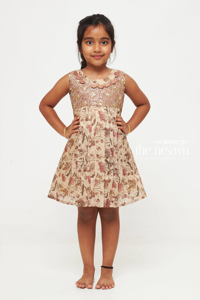 The Nesavu Girls Cotton Frock Vintage Floral Print Cotton Frock for Girls Nesavu 14 (6M) / Beige / Gold Tissue GFC1318A-14 Shop Baby Girl Floral Cotton Dress | The Nesavu