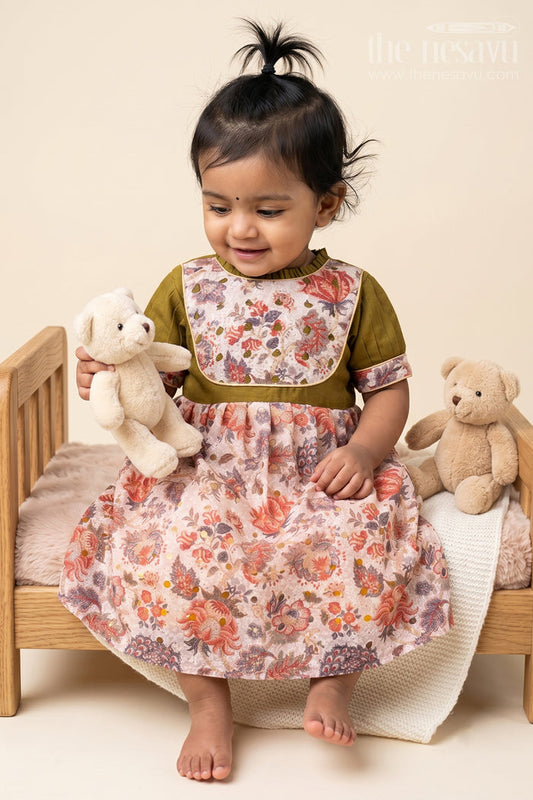 The Nesavu Baby Cotton Frocks Vintage Floral Printed Olive Green Frock for Baby Girls Nesavu 18 (2Y) / Green / Cotton BFJ495A-18 Green Floral Frock for Toddler Girls | The Nesavu