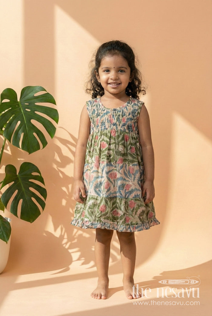 The Nesavu Girls Cotton Frock Whimsical Garden Cotton Frock for Girls Nesavu 16 (1Y) / Green / Cotton GFC1310D-16 Girls Botanical Print Cotton Frock | The Nesavu