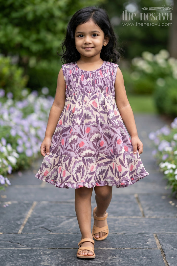 The Nesavu Girls Cotton Frock Whimsical Garden Print Cotton Frock for Girls Nesavu 16 (1Y) / Purple / Cotton GFC1310B-16 Girls Floral Cotton Dress | The Nesavu