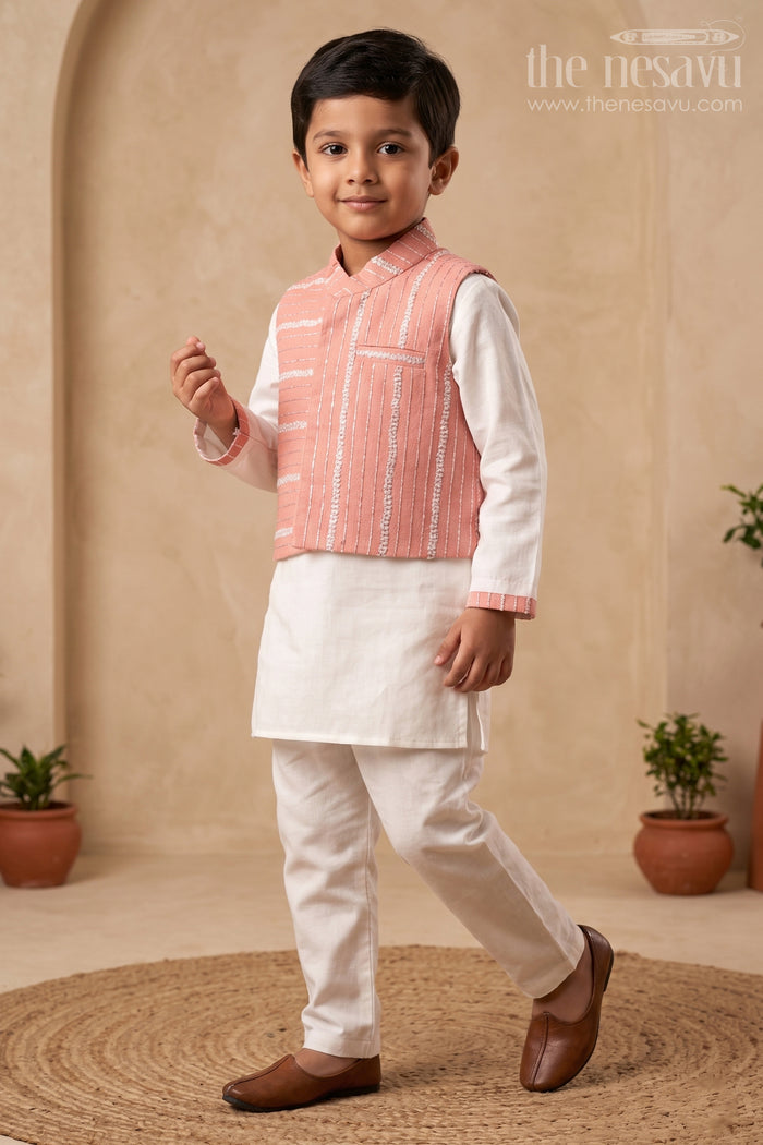 The Nesavu Boys Jacket Sets White and Pink Semi-Linen Boys Kurta Jacket Pant Setperfect for Festive and Formal Occasions Nesavu 12 (3M) / White / Silk Blend BES553A-12 White and Pink Semi-Linen Boys Kurta Jacket Pant Set BES553A - Festive & Formal Wear | The Nesavu