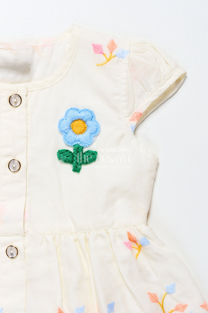 The Nesavu Baby Frocks White Baby Frock with Pastel Floral Embroidery and Ruffled Hem Nesavu Nesavu white baby frock with pastel embroidery and bloomer set