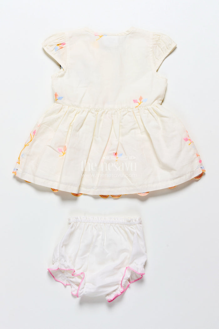 The Nesavu Baby Frocks White Baby Frock with Pastel Floral Embroidery and Ruffled Hem Nesavu Nesavu white baby frock with pastel embroidery and bloomer set