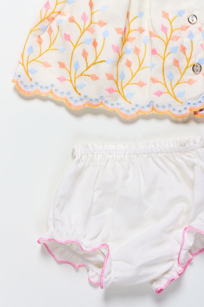 The Nesavu Baby Frocks White Baby Frock with Pastel Floral Embroidery and Ruffled Hem Nesavu Nesavu white baby frock with pastel embroidery and bloomer set