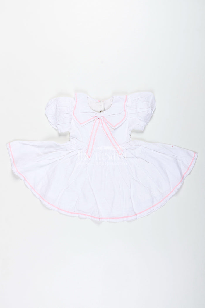 The Nesavu Baby Cotton Frocks White Baby Girl Cotton Frock with Pink Embroidery Puff Sleeve Dress for Summer Playdates Nesavu 14 (6M) / White BFJ823A-14 Nesavu White Baby Girl Cotton Frock Pink Embroidery Puff Sleeve Dress Summer Playdates