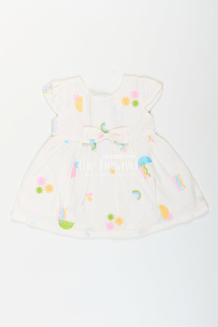The Nesavu Baby Cotton Frocks White baby girl frock with pastel embroidery for everyday wear Nesavu 14 (6M) / White BFJ856B-14 Nesavu white baby girl frock with pastel rainbow embroidery and flutter sleeves for casual wear