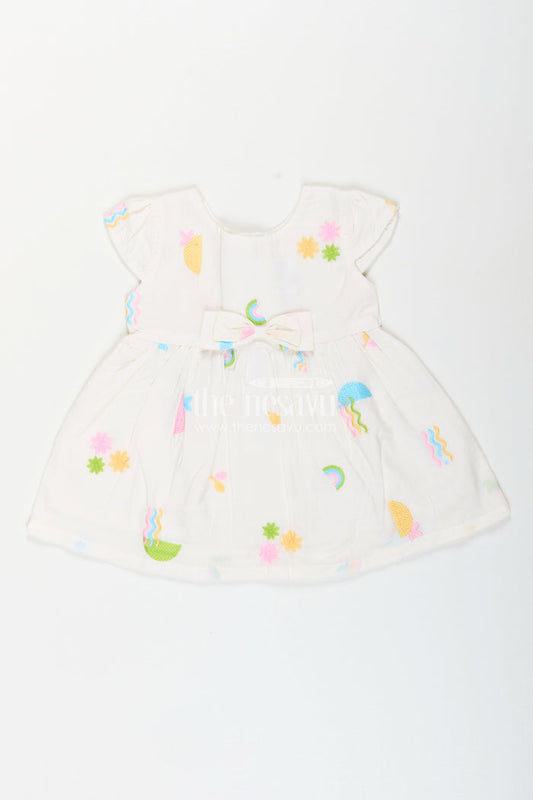 The Nesavu Baby Cotton Frocks White baby girl frock with pastel embroidery for everyday wear Nesavu 14 (6M) / White BFJ856B-14 Nesavu white baby girl frock with pastel rainbow embroidery and flutter sleeves for casual wear