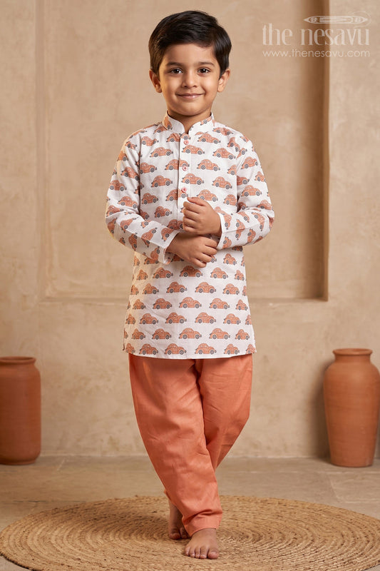 The Nesavu Boys Kurtha Set White Car Printed Cotton Kurta for Baby Boys with Orange Pant Nesavu 12 (3M) / Orange / Cotton BES209A-12 White Car Print Cotton Kurta with Orange Pant Boys