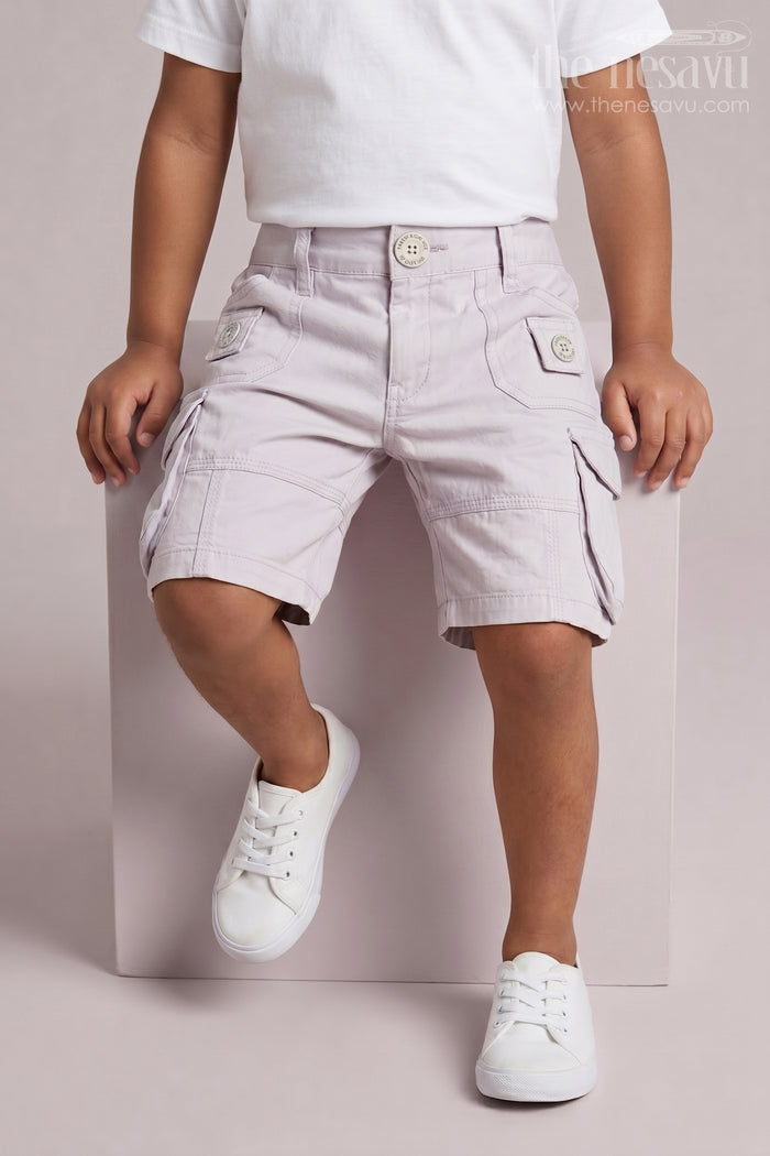 The Nesavu Boys Shorts White Cargo Cotton Boys Bermuda Shorts Nesavu 16 (1Y) / White BWS004B-16 White Cargo Cotton Boys Bermuda Shorts with Elastic Waist