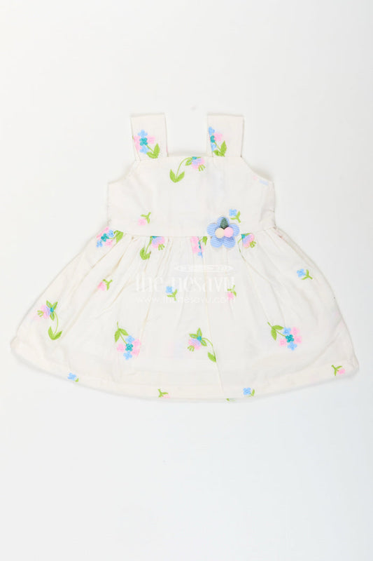 The Nesavu Baby Cotton Frocks White cotton frock with floral embroidery and shoulder straps for baby girls Nesavu 14 (6M) / White BFJ855A-14 Nesavu white cotton frock for baby girls with shoulder straps and colorful floral embroidery