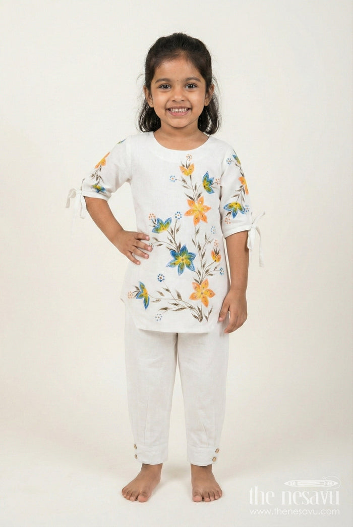 The Nesavu Girls Co-Ord Sets White Floral Print Kurti and Pant Set for Girls for Festive Summer Wear Nesavu 24 (5Y) / White GPS827A-24 Nesavu white floral digital print kurti with pant set for girls ethnic wear for summer occasions