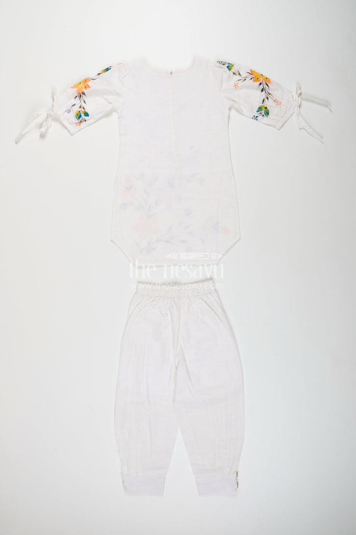 The Nesavu Girls Sharara / Plazo Set White floral print kurti and pant set for girls for festive summer wear Nesavu Nesavu white floral digital print kurti with pant set for girls ethnic wear for summer occasions