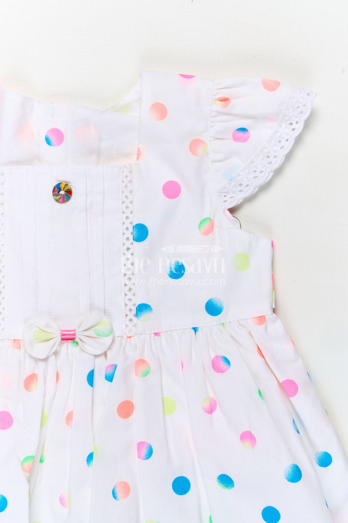 The Nesavu Baby Cotton Frocks White Newborn Clothes in Cotton with Neon Polka Dot Print and Frilly Sleeves for Baby Girls Nesavu Nesavu White Cotton Newborn Clothes Neon Polka Dots Lace Trimmed Sleeves Baby Girls