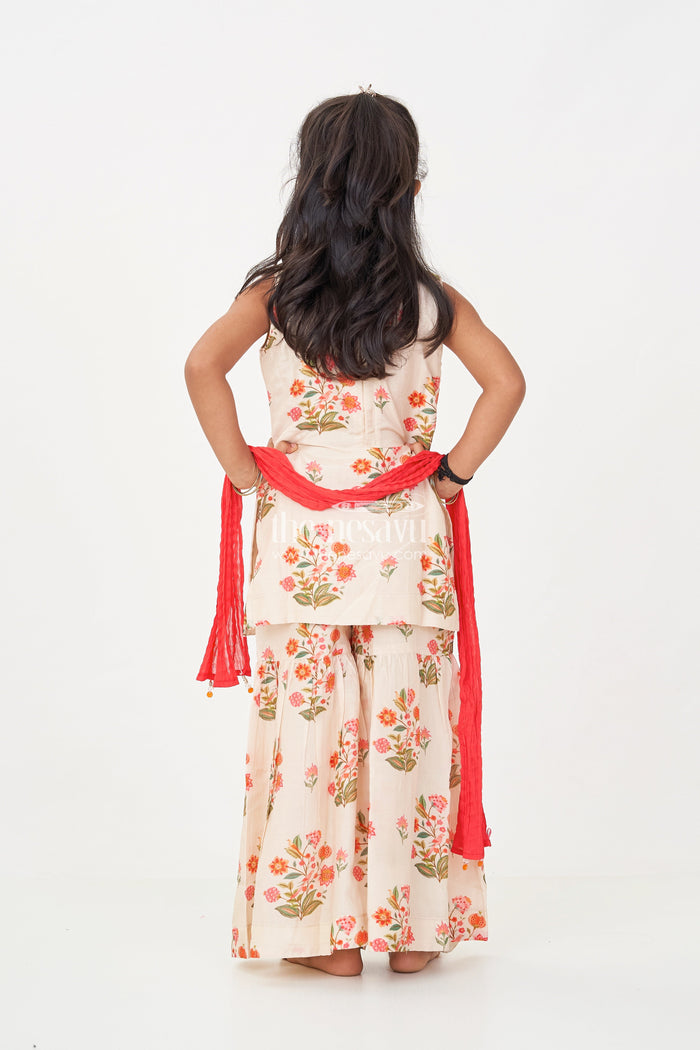 The Nesavu Girls Sharara / Plazo Set White Palazzo Suit for Girls in Floral Digital Print Viscose Silk with Flared Bottoms and Dupatta Nesavu Nesavu White Palazzo Suit for Girls with Floral Digital Print in Viscose Silk and Matching Dupatta