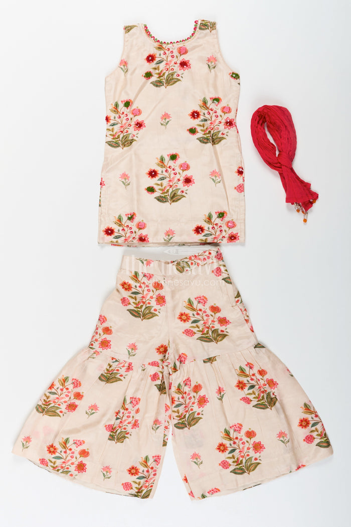 The Nesavu Girls Sharara / Plazo Set White Palazzo Suit for Girls in Floral Digital Print Viscose Silk with Flared Bottoms and Dupatta Nesavu Nesavu White Palazzo Suit for Girls with Floral Digital Print in Viscose Silk and Matching Dupatta