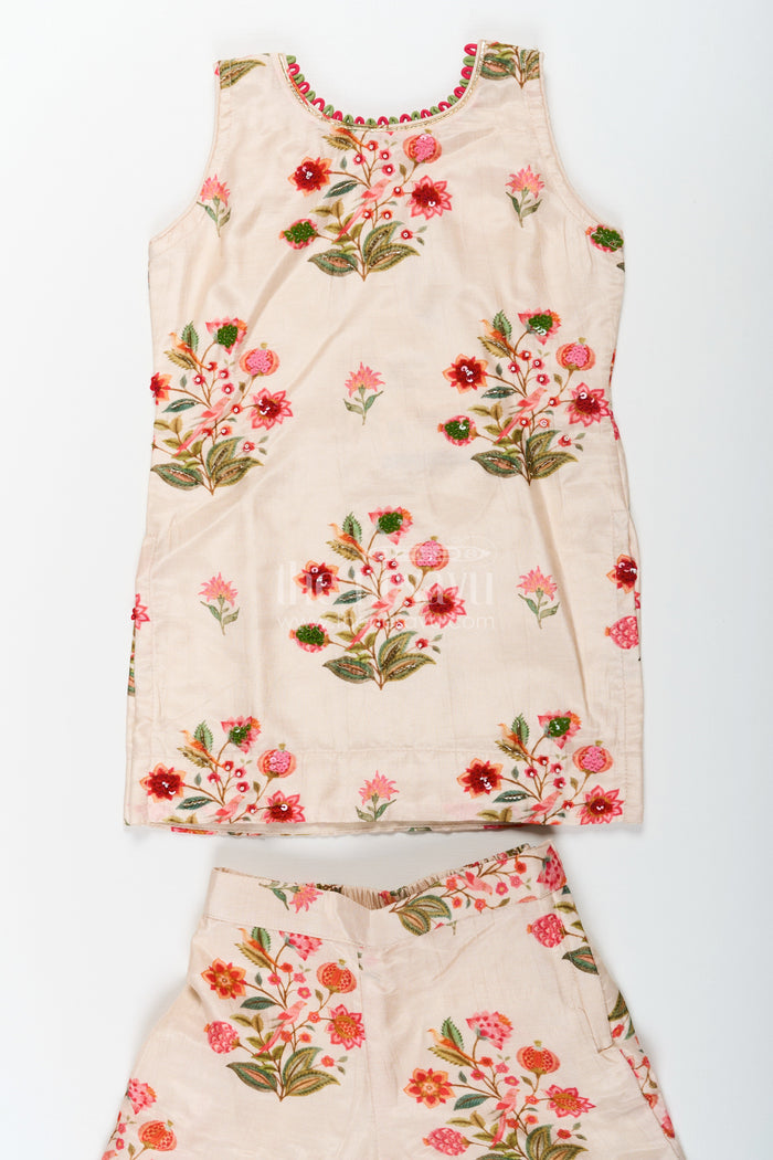 The Nesavu Girls Sharara / Plazo Set White Palazzo Suit for Girls in Floral Digital Print Viscose Silk with Flared Bottoms and Dupatta Nesavu Nesavu White Palazzo Suit for Girls with Floral Digital Print in Viscose Silk and Matching Dupatta