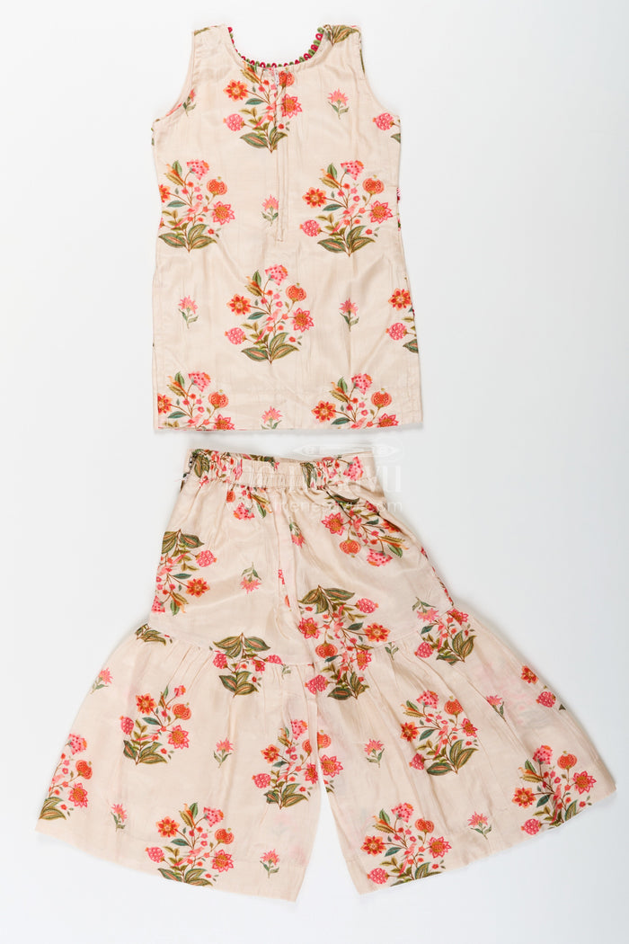 The Nesavu Girls Sharara / Plazo Set White Palazzo Suit for Girls in Floral Digital Print Viscose Silk with Flared Bottoms and Dupatta Nesavu Nesavu White Palazzo Suit for Girls with Floral Digital Print in Viscose Silk and Matching Dupatta