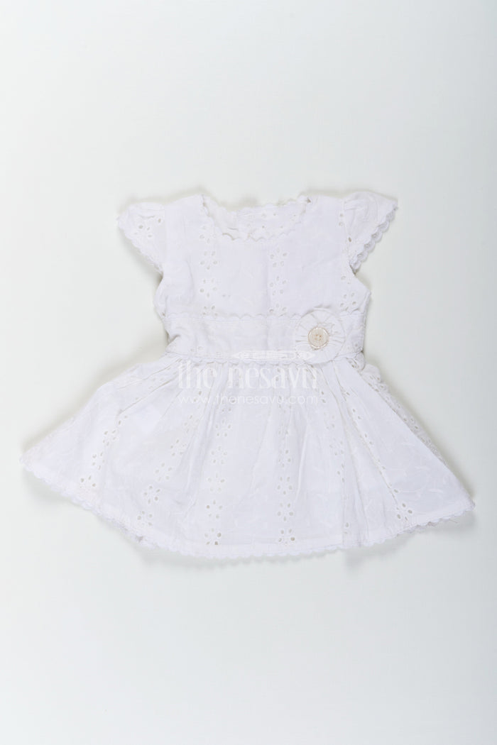 The Nesavu Baby Cotton Frocks White Party Wear Frock for Baby Girls in Cotton Hakoba with Embroidered Floral Details and Mini Handbag Nesavu 12 (3M) / White BFJ779B-12 White Party Wear Frock Baby Girls Hakoba Embroidery Beaded Handbag | The Nesavu