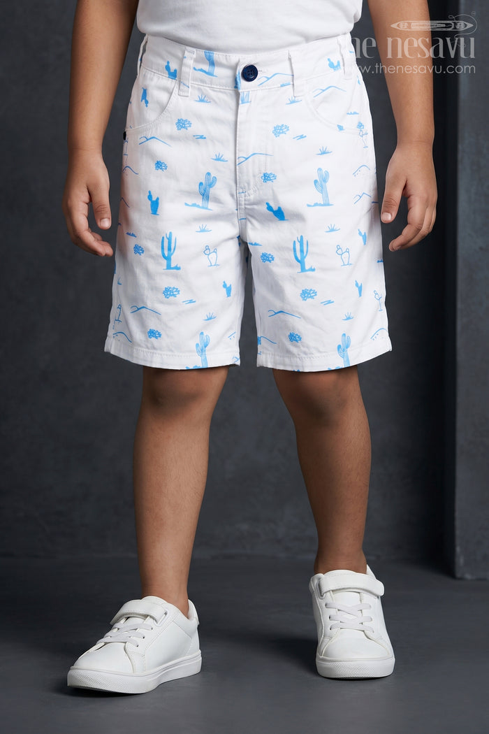 The Nesavu Boys Shorts White Shirt Shorts for Boys in Cotton with Blue Cactus and Animal All Over Digital Print Nesavu 26 (6Y) / Half white BWS013A-26 White Shirt Shorts Boys Cotton Blue All Over Digital Print Pockets | The Nesavu