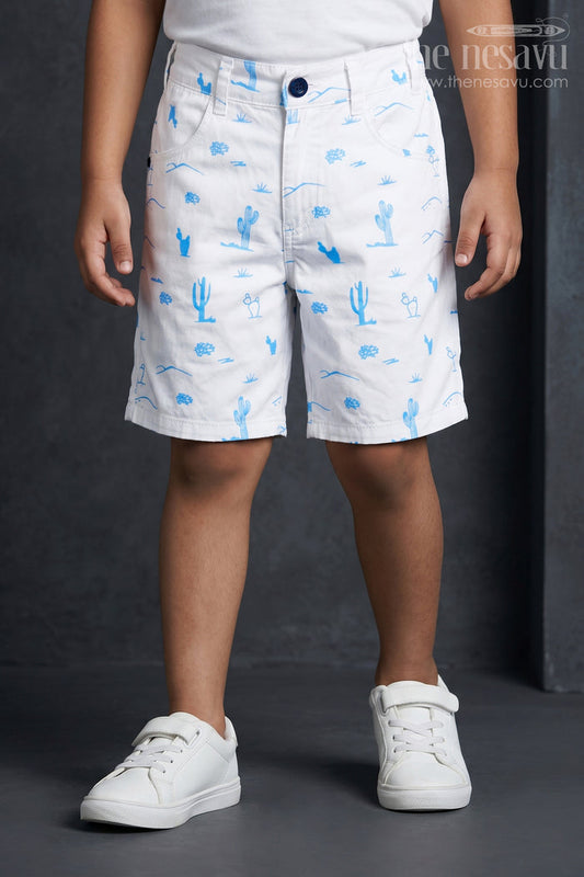 The Nesavu Boys Shorts White Shirt Shorts for Boys in Cotton with Blue Cactus and Animal All Over Digital Print Nesavu 26 (6Y) / Half white BWS013A-26 White Shirt Shorts Boys Cotton Blue All Over Digital Print Pockets | The Nesavu