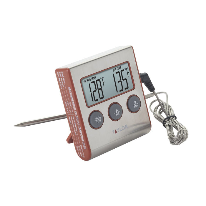 Wired probe thermometer angled metal body with LCD displaying 128°F and 135°F and the probe extending to the left