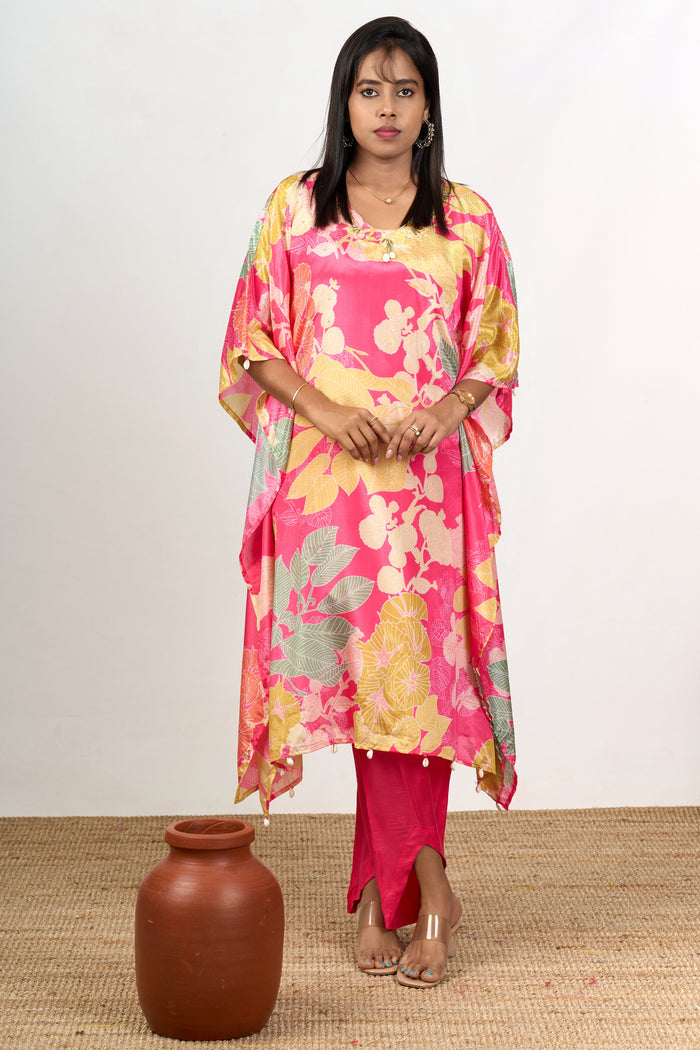 The Nesavu Womens Co-Ord Sets Womens Chiffon Kurta Co Ord Set with Floral Prints and Flowy Design Nesavu 38 (M) / Red WTW036A-38 Womens Chiffon Floral Kurta Co Ord Set Relaxed Fit Straight Pants | The Nesavu