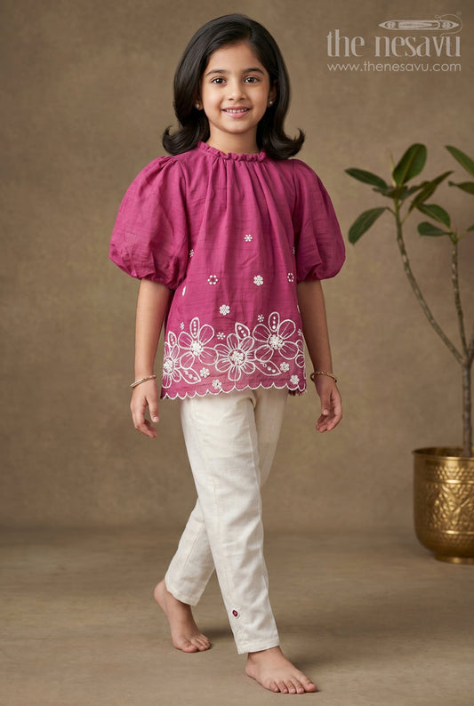 The Nesavu Girls Co-Ord Sets Womens Floral Co Ord for Girls in Maroon Cotton with Puff Sleeves and White Embroidered Bottoms Nesavu 16 (1Y) / Purple GPS381E-16 Womens Floral Co Ord Set Girls Maroon Cotton Embroidered Hem Cream Pants | The Nesavu