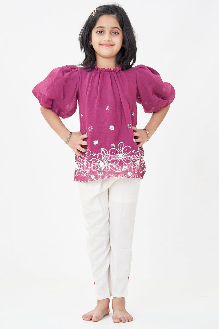 The Nesavu Girls Co-Ord Sets Womens Floral Co Ord for Girls in Maroon Cotton with Puff Sleeves and White Embroidered Bottoms Nesavu 18 (2Y) / Purple GPS381E-18 Womens Floral Co Ord Set Girls Maroon Cotton Embroidered Hem Cream Pants | The Nesavu