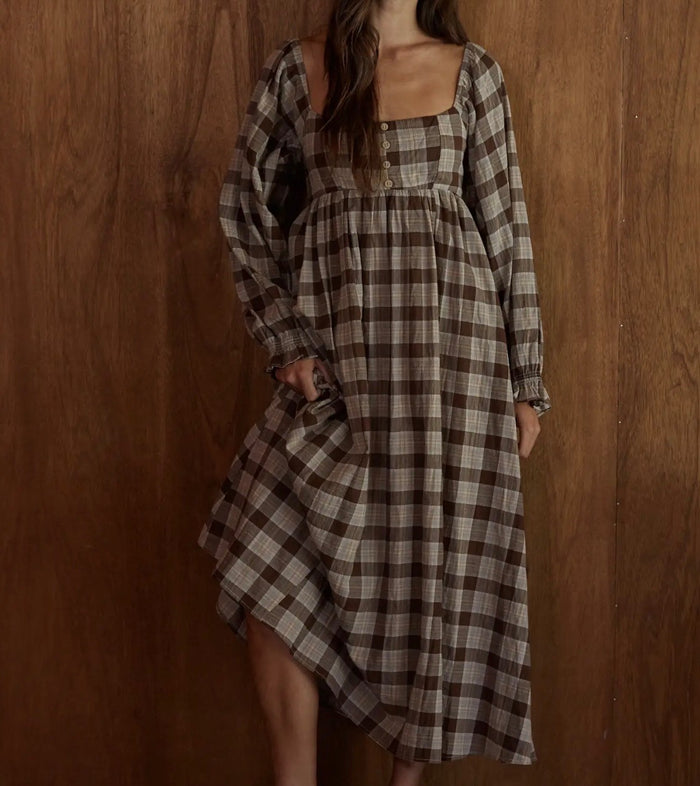 Woven Long Sleeve Flare Midi Dress - Brown/Cream
